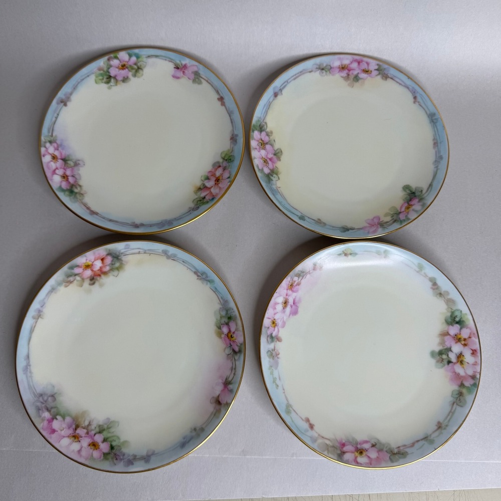 Epiag Czechoslovakia Hand Painted Floral Bread Butter Plates Set of 4 Gold Trim